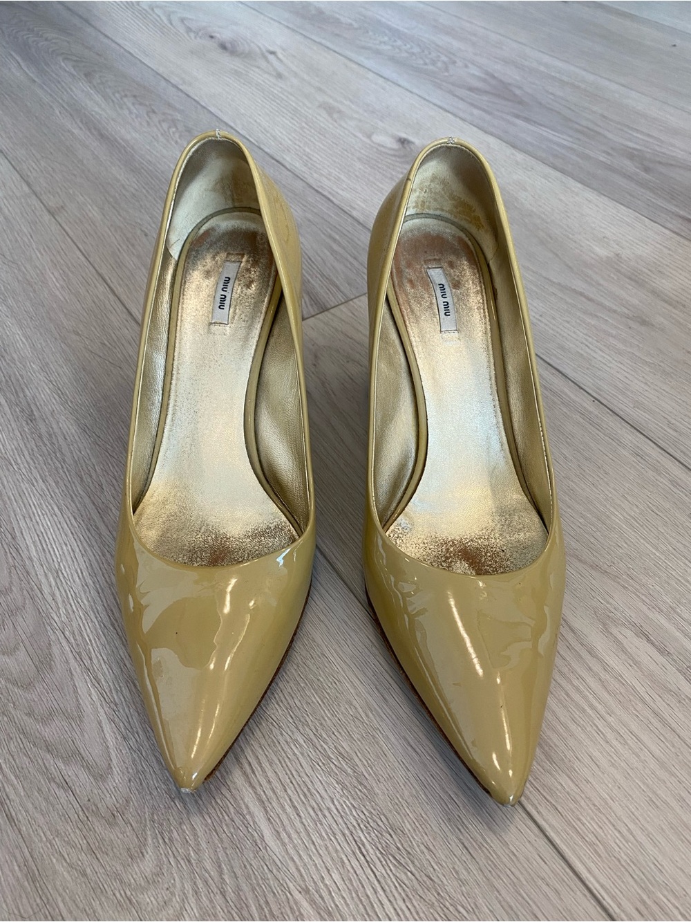 Miu Miu Glossy Beige Pointed Patent Pumps